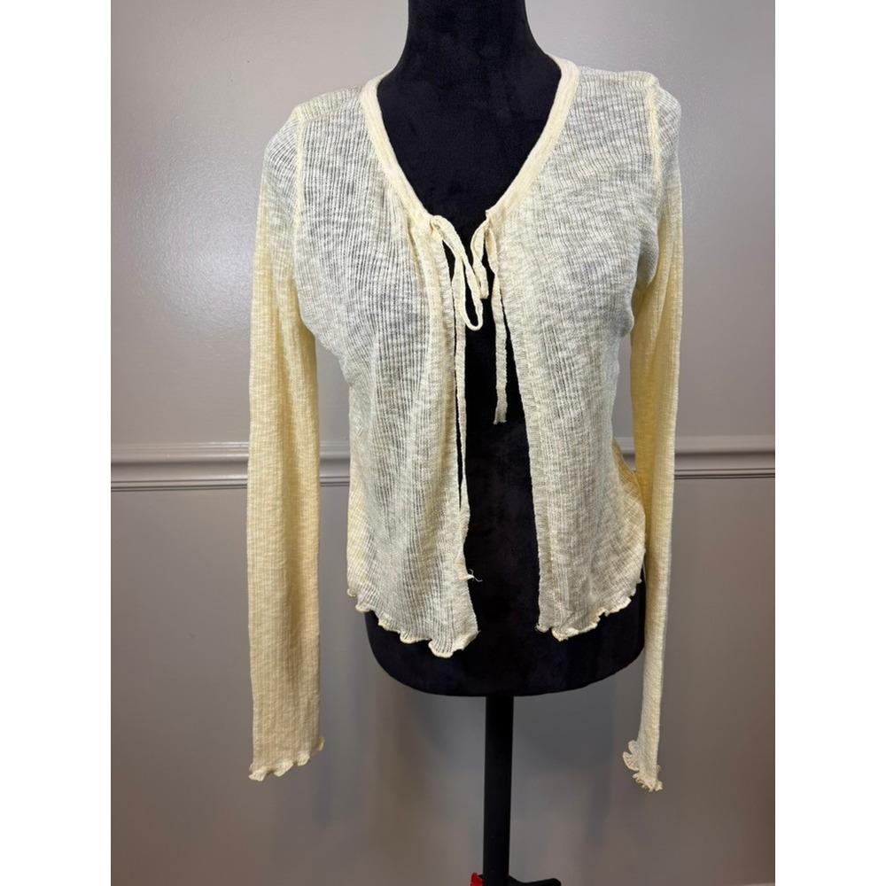 Cider Tie Front Cardigan Women XL Yellow Good Sheer Lettuce Trim Shrug